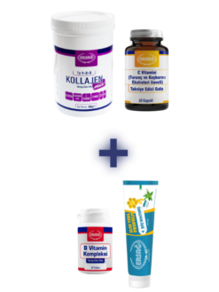 KOLLAJEN MİX (TİP 1-2-3), C VİTAMİNİ KAPSÜL (TURUNÇ VE KUŞBURNU EKSTRELERİ İLAVELİ) ALANA B VİTAMİN KOMPLEKSİ VE DİŞ MACUNU 100 ML HEDİYE