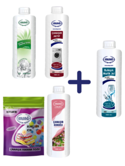 BEYAZLAR İÇİN ÇAMAŞIR YIKAMA SIVISI 1000 ML, RENKLİLER İÇİN ÇAMAŞIR YIKAMA TOZU 1000 GR, ÇAMAŞIR AKTİF 1000 ML VE ÇAMAŞIR KOKUSU 1000 ML ALANA BULAŞIK MATİK JEL 1000 ML HEDİYE