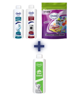 RENKLİLER İÇİN ÇAMAŞIR YIKAMA TOZU 1000 GR, ÇAMAŞIR AKTİF 1000 ML, BULAŞIK MATİK JEL 1000 ML ALANA BİO KİREÇ ÇÖZÜCÜ 1000 ML HEDİYE