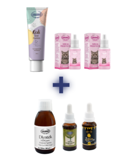 2 ADET KEDİLER İÇİN PROBİYOTİK 20 ML, 1 ADET KEDİ MALT PASTASI 100 ML ALANA DİYATEK ( TEKLİ), SIVI PROPOLİS 30 ML, ZEYTİN YAPRAĞI EKSTRAKTI HEDİYE